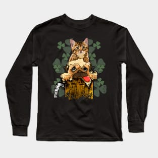 Cute Pug and Cat In Beer for Pug  Pug St Patricks Day Long Sleeve T-Shirt